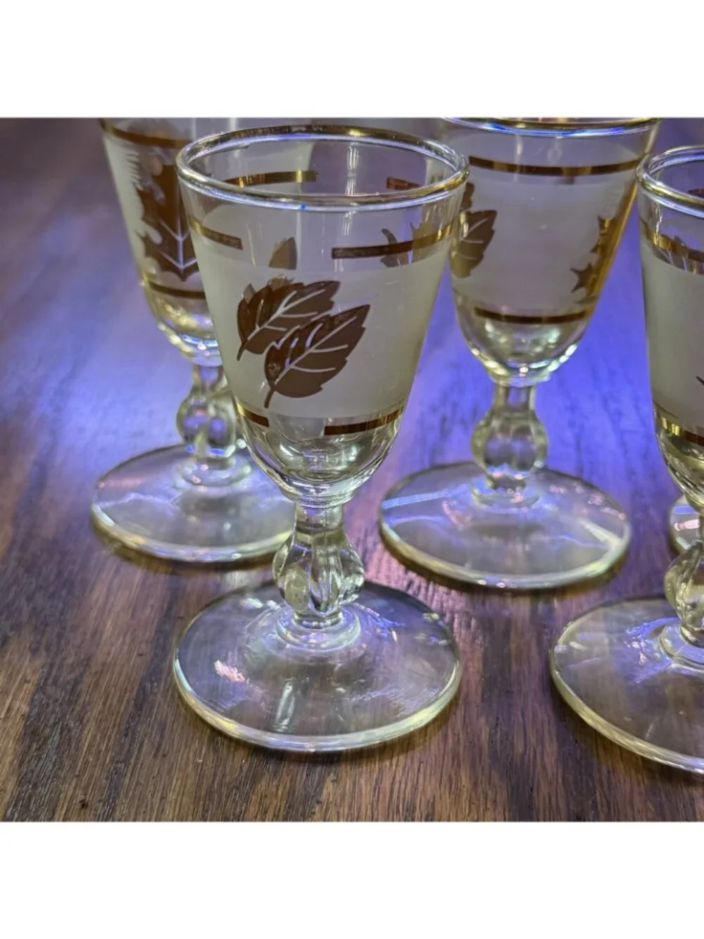 5 Vintage MCM Libbey Golden Foliage Gold Leaf White Frosted Cordial Glasses